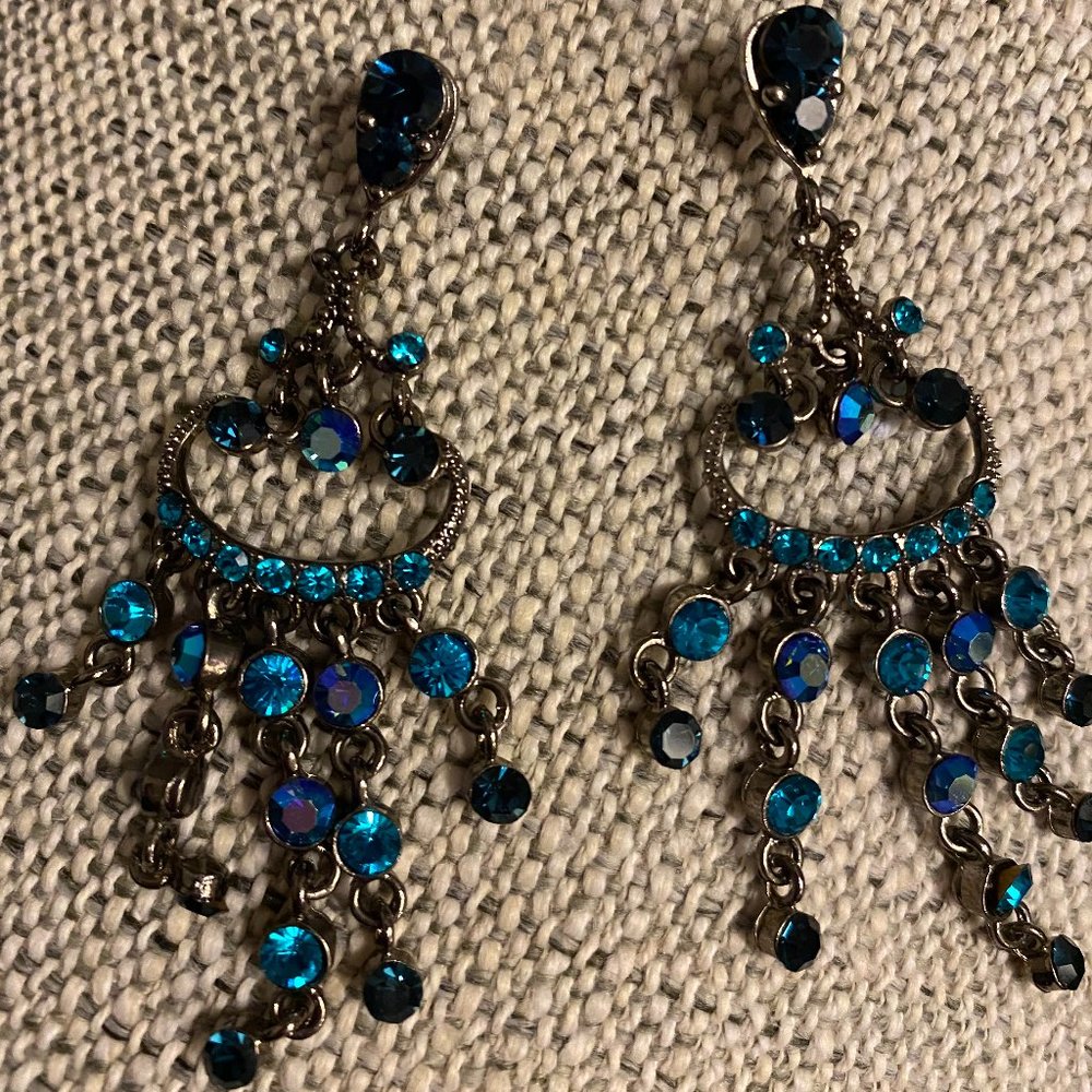 Earrings, Chandelier, Blue Crystals - Costume Jewelry